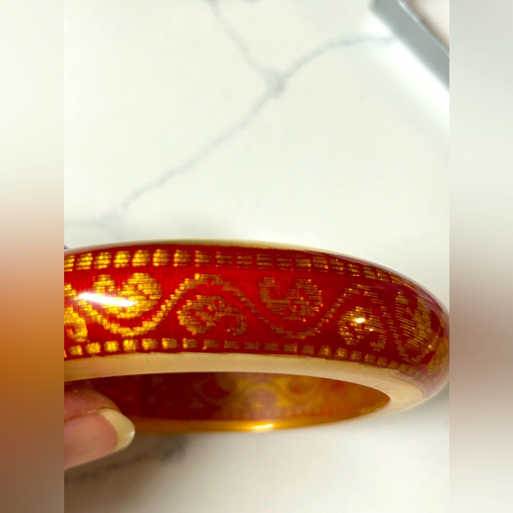 Red fabric encased in Lucite bangle unique
